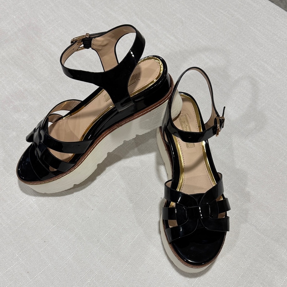 Chic Black Patent Leather Wedge Sandals